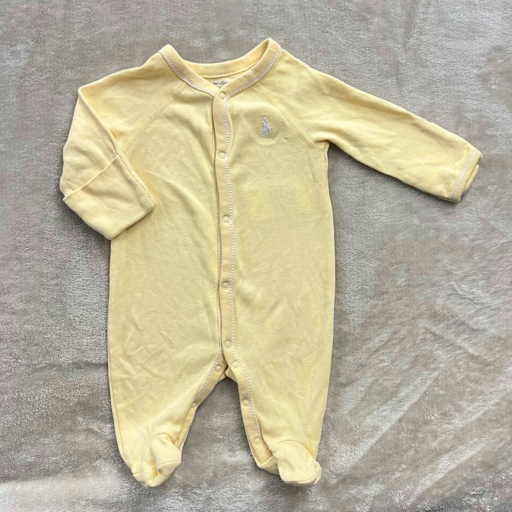 EUC Ralph Lauren Newborn Yellow Cotton Footed Sleeper Pony Logo Snaps NB 0M